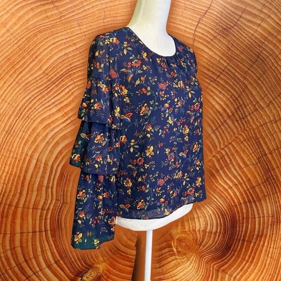 Madewell ‘Ruffle Sleeve Top’ in “Oriental Floral Midnight” Navy Blue Size Small - Picture 15 of 16